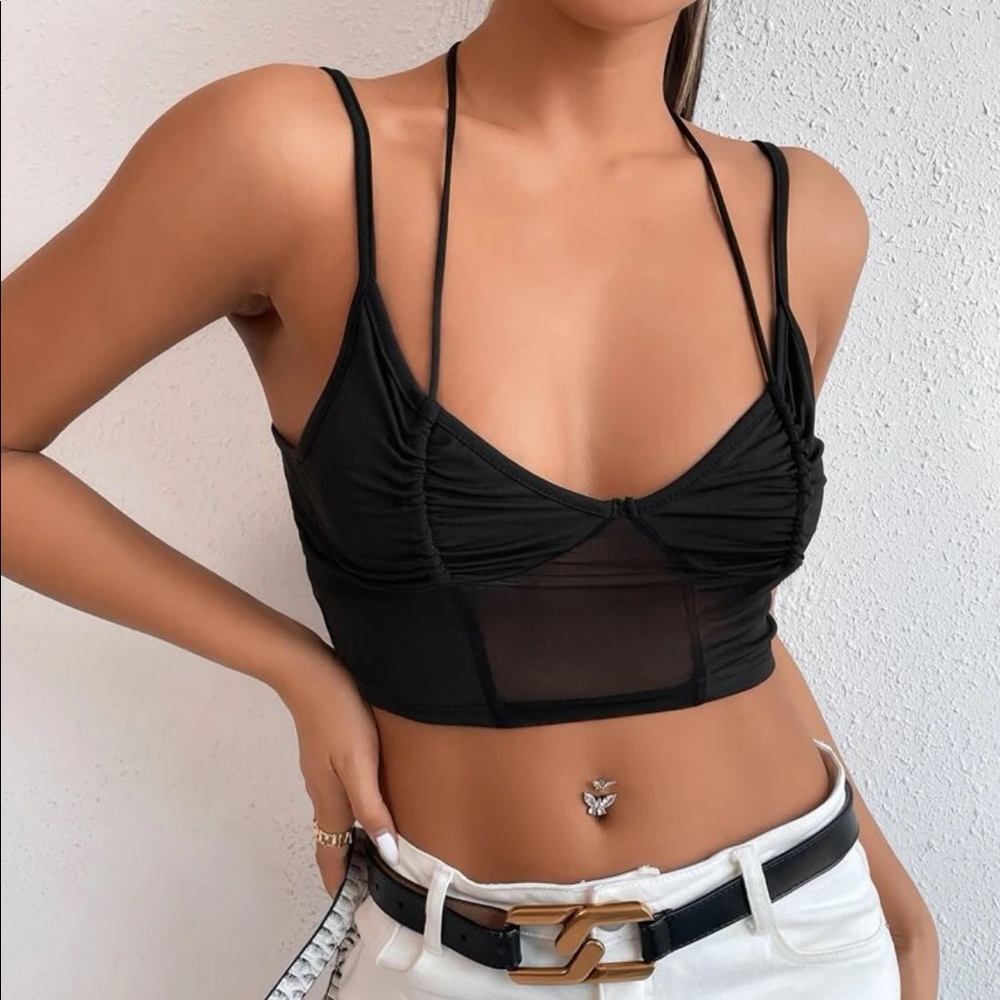 Mesh Tie Back Ruched Crop Top